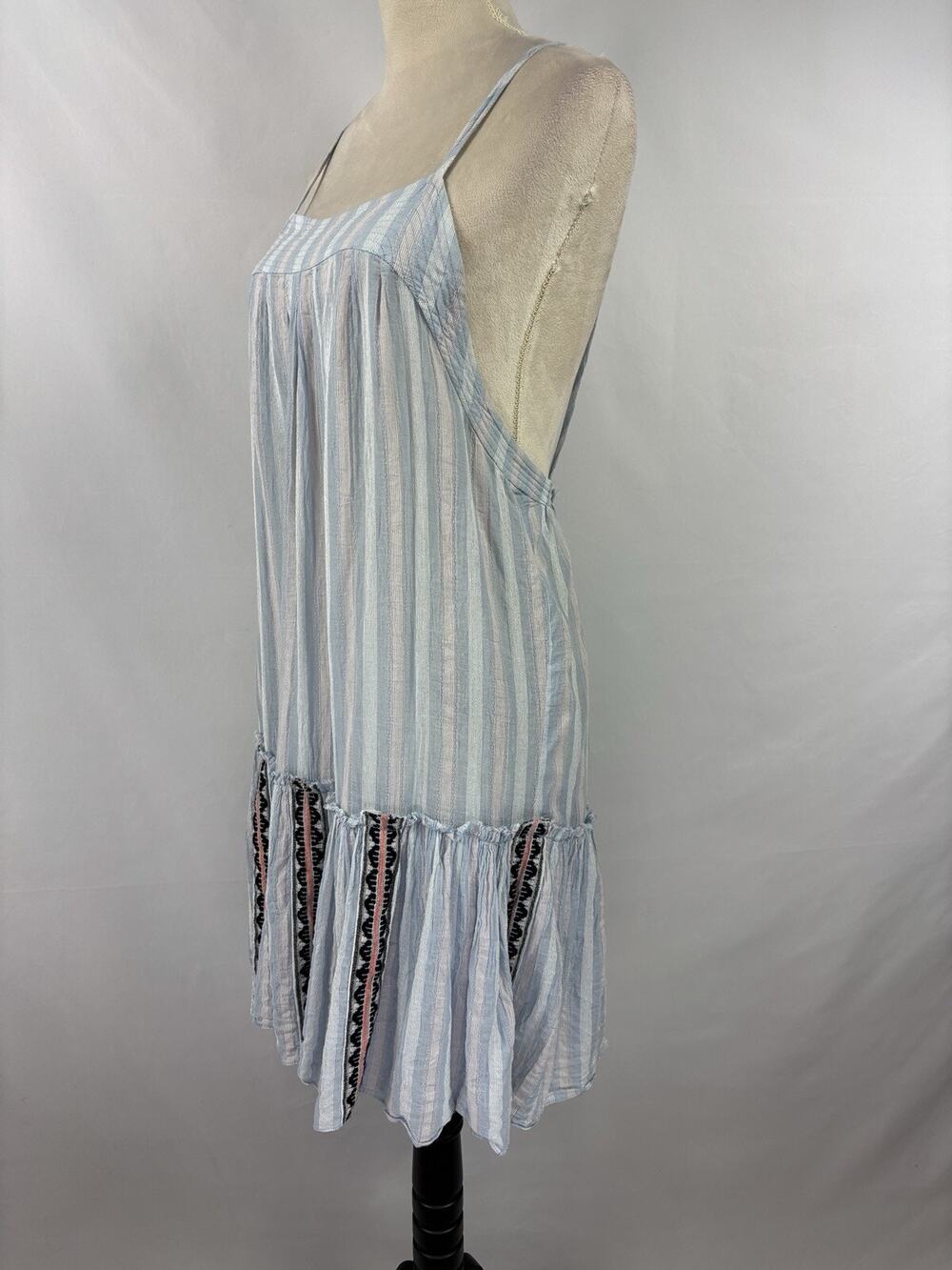 Lemlem Sundress Dress White Blue Stripe Large Ruffle Raw Hem Low Back